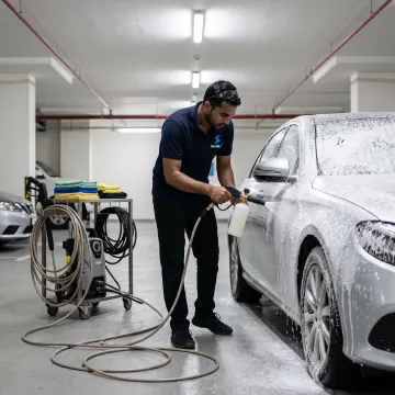 Mobile technician washing a car in Dubai parking