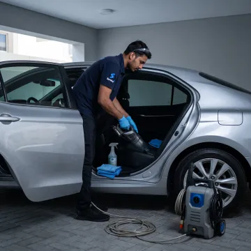 Technician detailing a car interior at home