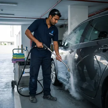 Mobile car wash technician detailing a parked car