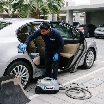 Technician cleaning a car’s interior seats and dashboard