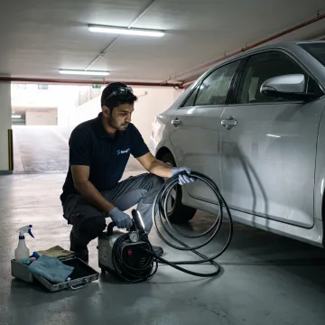 Mobile car wash technician preparing steam equipment
