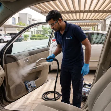 Technician steam cleaning a car seat in Dubai