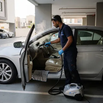 Mobile technician detailing a car interior
