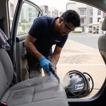 Technician steam-cleaning a car interior in Dubai