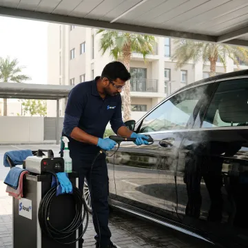 Mobile technician detailing a vehicle exterior