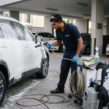 Mobile technician washing a car at a Dubai parking space