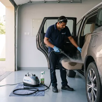 Technician steam cleaning a car seat at a Dubai parking space