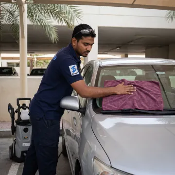 Technician cleaning a car windscreen