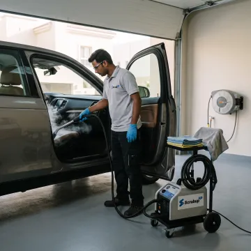 Technician deep cleaning a car interior at a residential parking space
