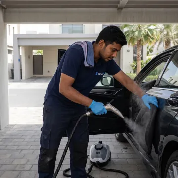 Technician steam cleaning a car interior in Dubai