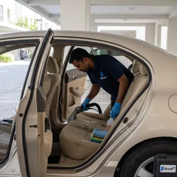 Technician deep cleaning a car interior