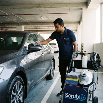 Car wash tools arranged beside a freshly cleaned vehicle