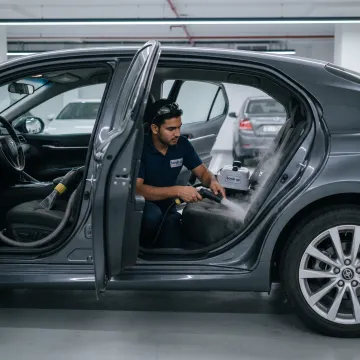 Mobile technician detailing a car interior