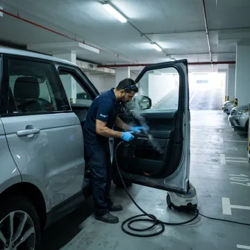 Technician steam-cleaning a car interior in Dubai