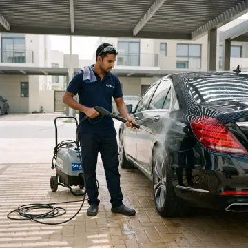 Technician detailing a car at a Dubai parking space