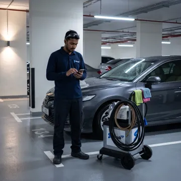 Technician confirming a mobile car cleaning booking