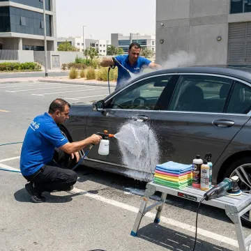 Mobile auto detailing service on a car