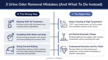 Three common urine odor removal mistakes versus correct methods comparison infographic