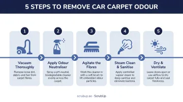 Five-step car carpet odour removal process flow from vacuuming to drying