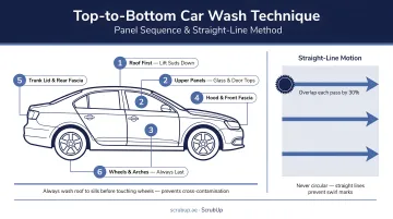 Top-to-bottom car wash panel sequence and straight-line technique diagram