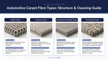 Four automotive carpet fibre types compared by structure and cleaning method