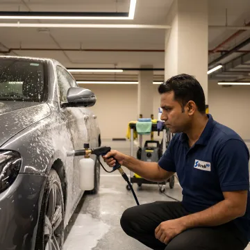 Mobile car wash technician cleaning a vehicle