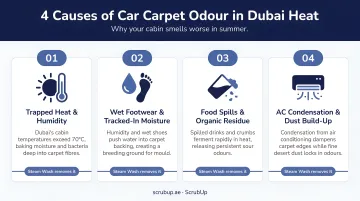 Four main causes of car carpet odour comparison infographic Dubai heat
