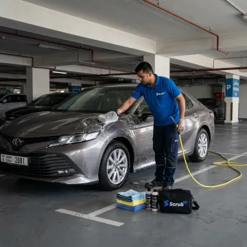 Mobile car wash technician cleaning a car in Dubai