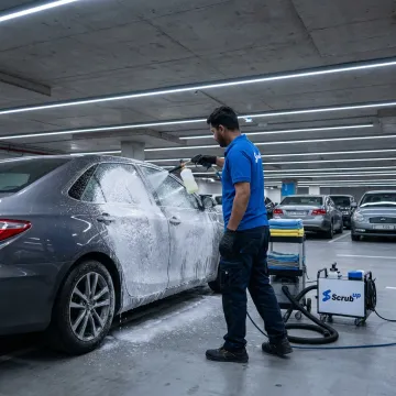 Mobile car wash technician cleaning a parked car