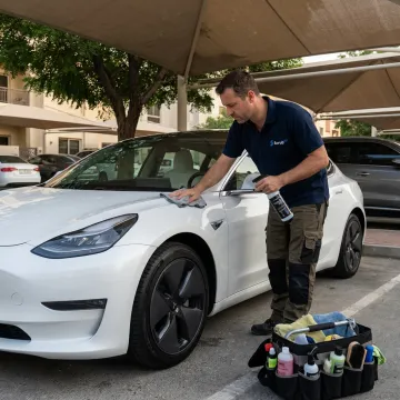 Mobile technician cleaning a Tesla in Dubai parking
