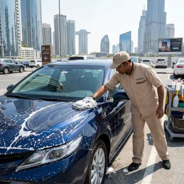 Mobile car wash technician cleaning a car in Downtown Dubai