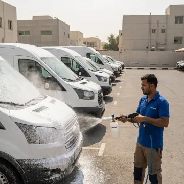 Mobile technician washing a commercial van fleet
