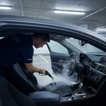 Technician steam cleaning car interior