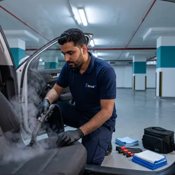Technician steam cleaning a car interior