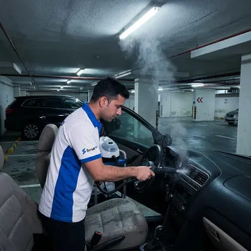Technician steam cleaning a car interior