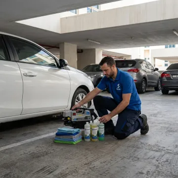 Mobile car wash technician preparing equipment