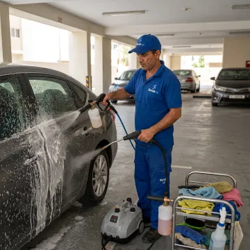 Mobile car wash process in Dubai parking area