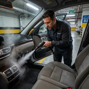 Mobile steam car wash technician cleaning car in Dubai