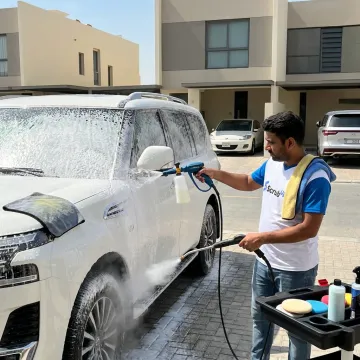 Mobile car detailing process in Dubai parking area