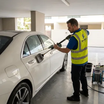 Mobile car detailing technician polishing vehicle