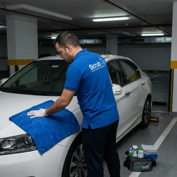 Mobile technician cleaning car in Dubai parking area