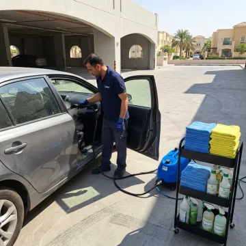 Mobile detailer cleaning a car in a parking bay