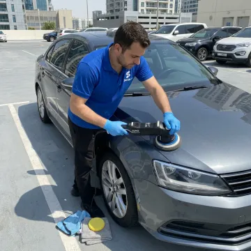 Mobile car detailer cleaning a parked vehicle