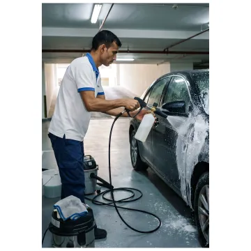 Mobile car wash technician cleaning vehicle