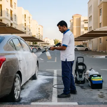 Mobile car wash process in a Dubai parking bay