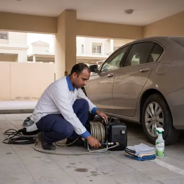 Mobile car wash process in Dubai parking area