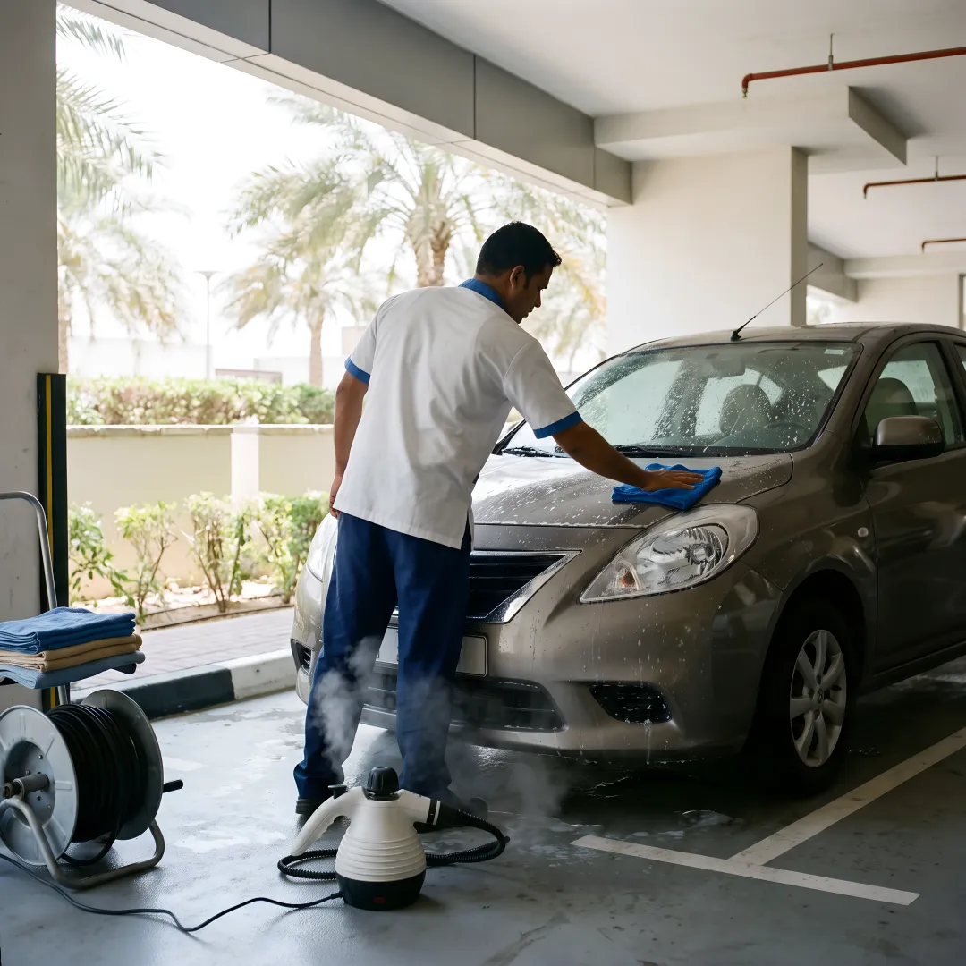 Mobile technician detailing a car