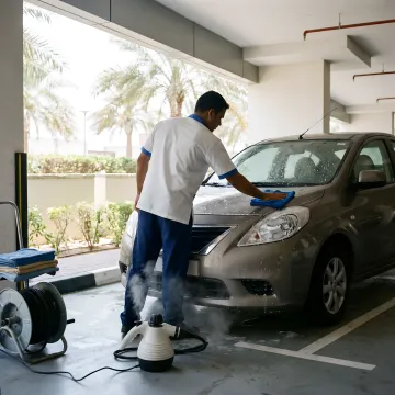 Mobile technician detailing a car