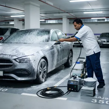 Mobile car wash technician cleaning a parked vehicle
