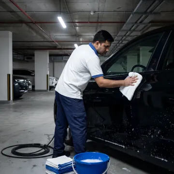 Technician detailing a Tesla in a Dubai parking garage